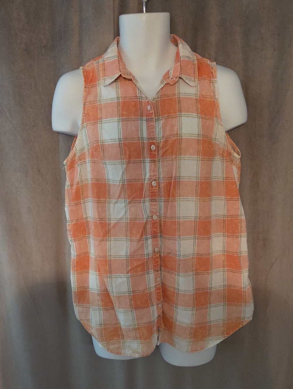 Silver Jeans Orange and Cream Plaid Sleeveless Button-Down